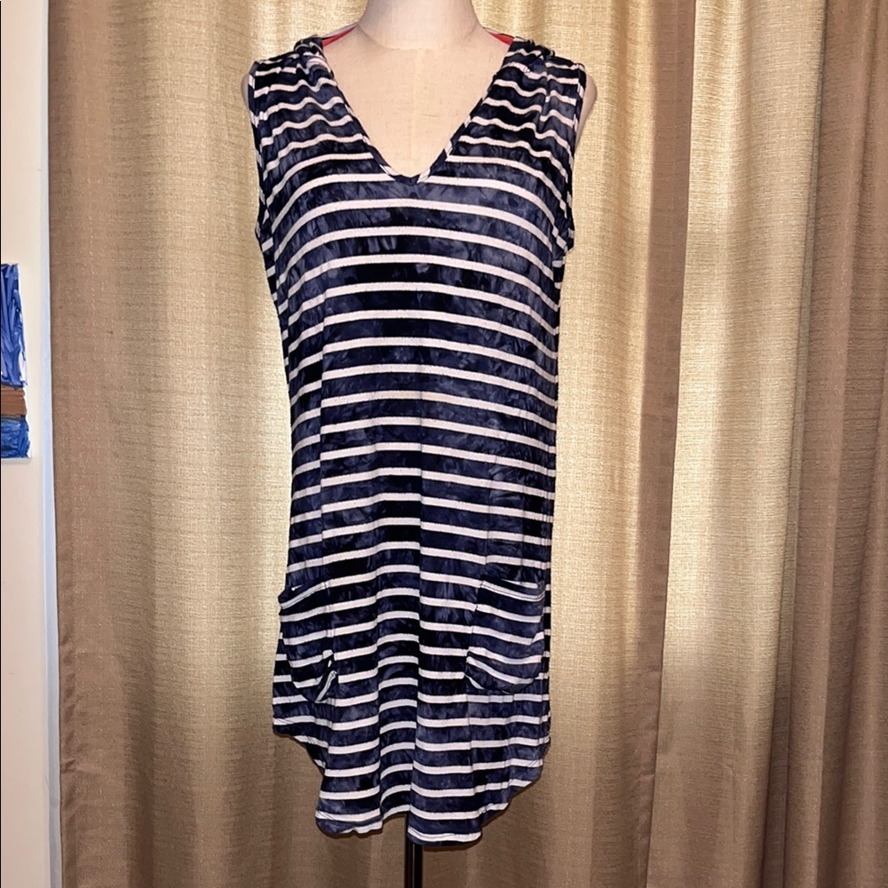 Blue Caribbean Navy White Striped Sleeveless Swimsuit Cover Up Womens Medium